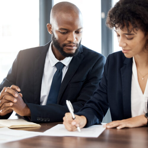 Documents, business and black people writing notes for accounting strategy, planning and company po.